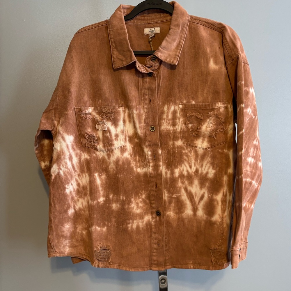Easel Women's Denim Jacket Distressed Bleach Tie Dye Size M NWT Boho Festival
